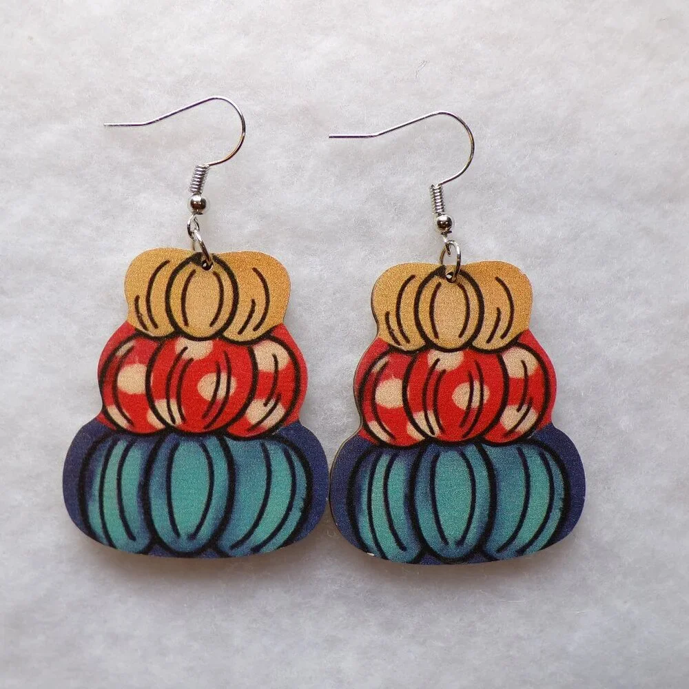Fall Pumpkin Earrings Multicolor Wood Dangle Festive